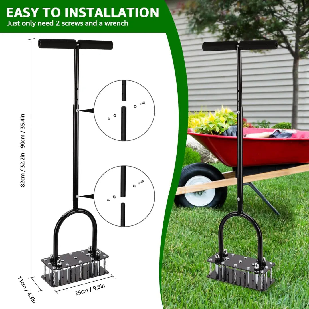 Dexalt SoilRevive™ Pro Aerator with Automatic Dirt & Debris Cleaning Design, Heavy-Duty Manual Lawn Aerator with 15 Iron Spikes, Adjustable Height for Effortless Grass Care