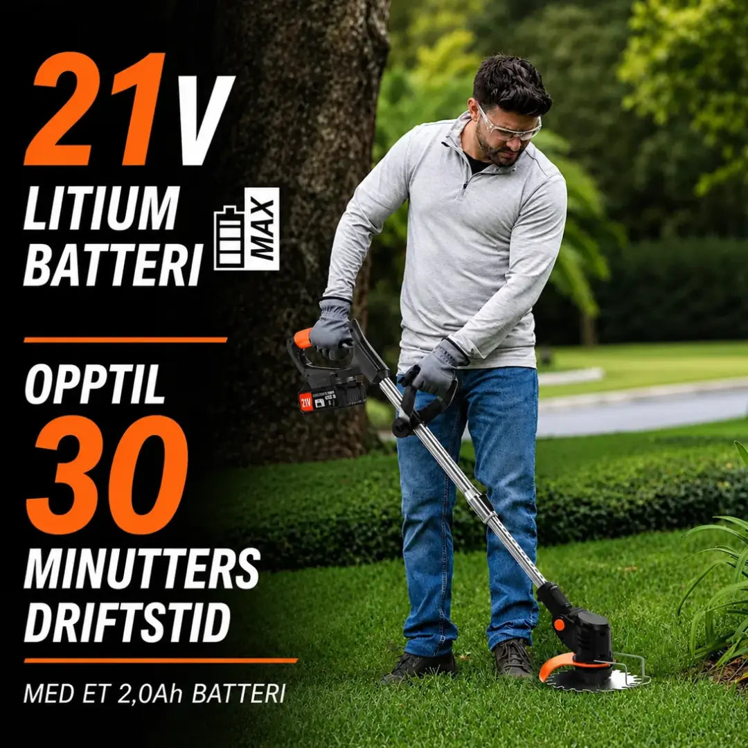 Dexalt R2 elektrisk 21V gresstrimmer med batteri og 3 typer blader – kraftig trådløs gressklipper for hage og plen