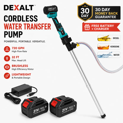 DEXALT C529 Cordless Water Transfer Pump, 720GPH High-Flow Brushless Utility Pump for Pools, Ponds, Water Tanks, Gardens & Flooded Basements + 🎁 FREE x2 Battery + FREE Charger