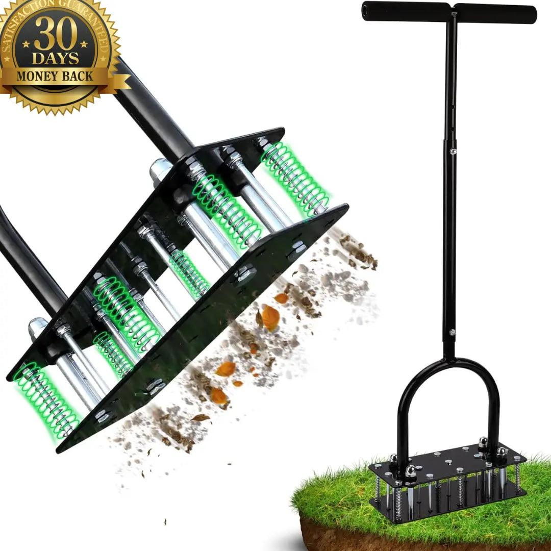 Dexalt SoilRevive™ Pro Aerator with Automatic Dirt & Debris Cleaning Design, Heavy-Duty Manual Lawn Aerator with 15 Iron Spikes, Adjustable Height for Effortless Grass Care