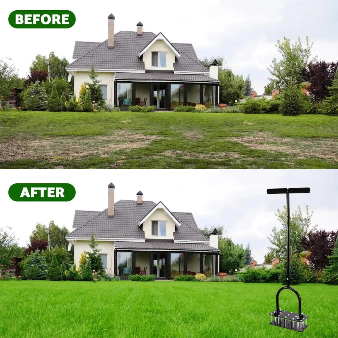 Dexalt SoilRevive™ Pro Aerator with Automatic Dirt & Debris Cleaning Design, Heavy-Duty Manual Lawn Aerator with 15 Iron Spikes, Adjustable Height for Effortless Grass Care
