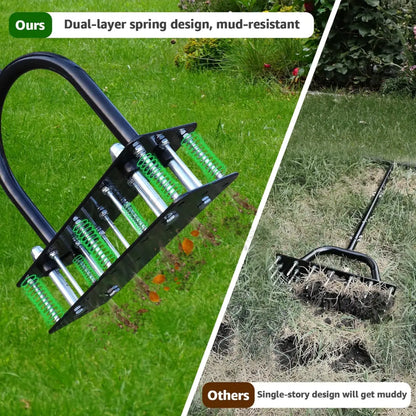 Dexalt SoilRevive™ Pro Aerator with Automatic Dirt & Debris Cleaning Design, Heavy-Duty Manual Lawn Aerator with 15 Iron Spikes, Adjustable Height for Effortless Grass Care
