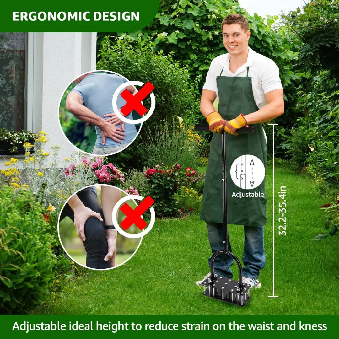 Dexalt SoilRevive™ Pro Aerator with Automatic Dirt & Debris Cleaning Design, Heavy-Duty Manual Lawn Aerator with 15 Iron Spikes, Adjustable Height for Effortless Grass Care