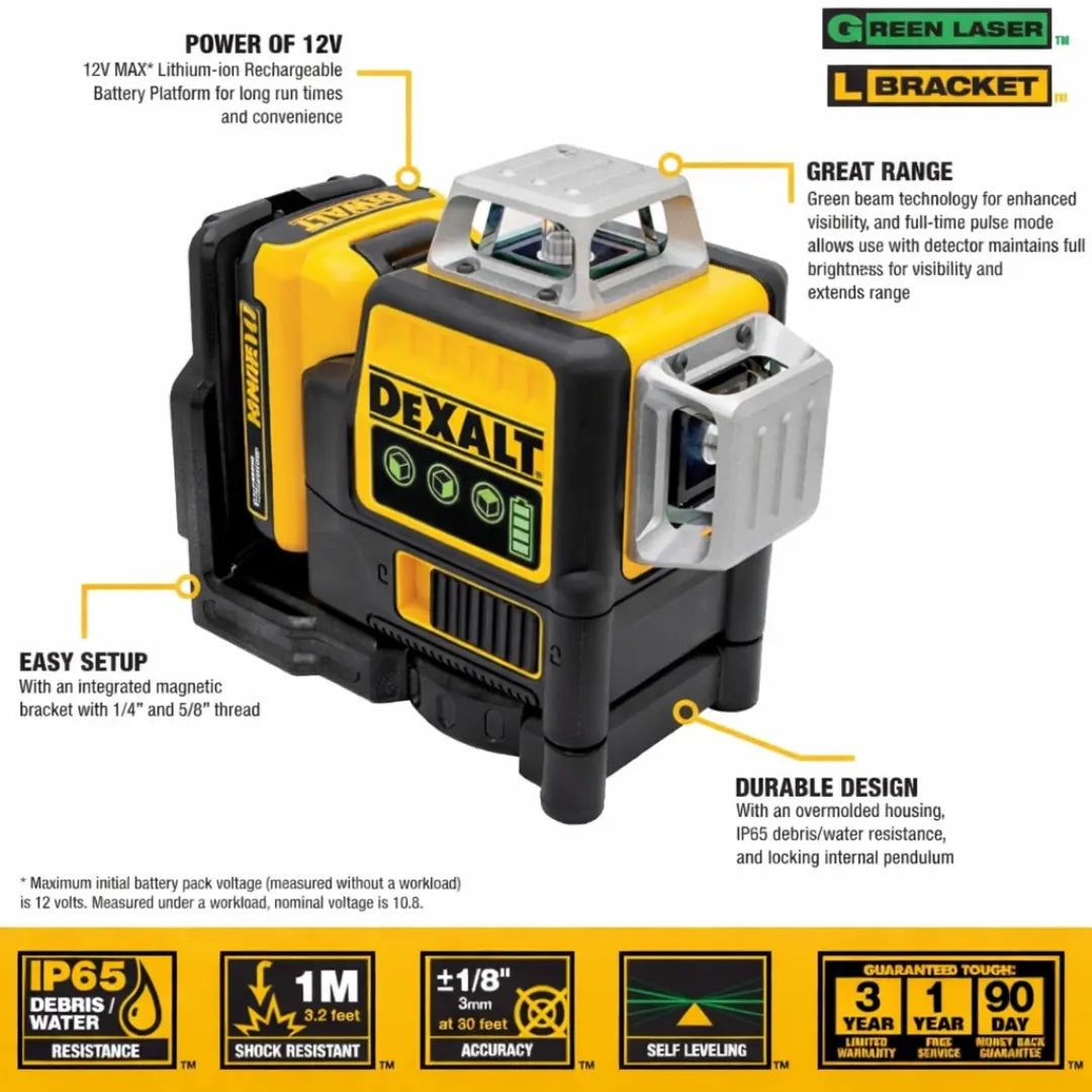 DEXALT DW089LG Green Laser Level 12 Lines 360° – 3-Plane Coverage, 12V Li-Ion Battery, High Precision for Construction and Renovation + BATTERY AND CHARGER INCLUDED