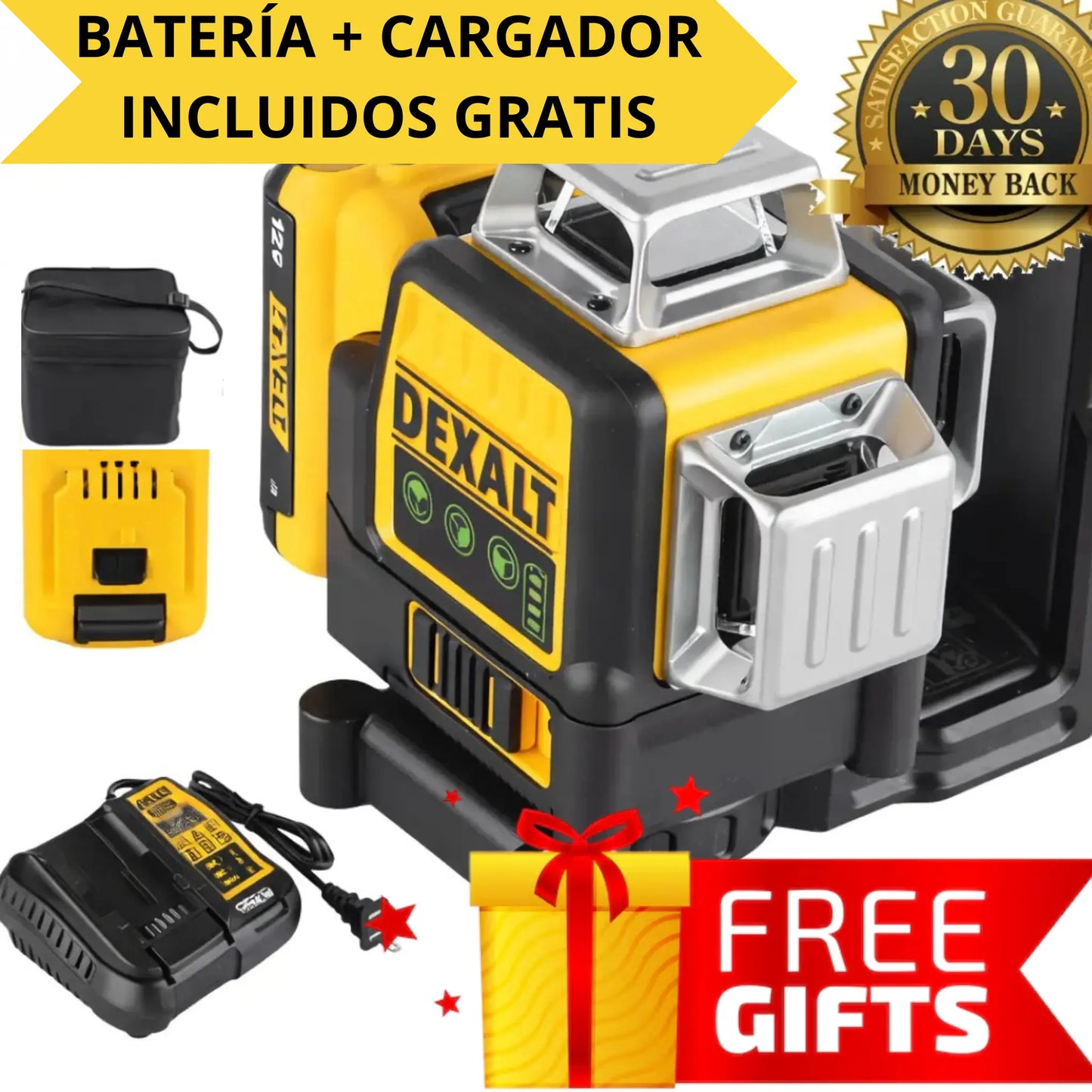 Láser verde DEXALT DS089LG de 12 líneas 360° – Cobertura en 3 planos, batería de iones de litio de 12V, alta precisión para construcción y renovación + BATERÍA Y CARGADOR GRATIS
