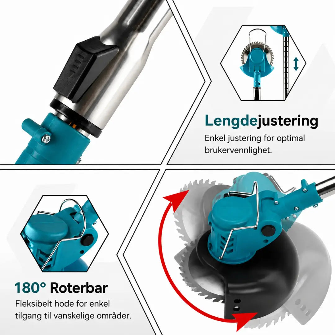 Dexalt R2 elektrisk 21V gresstrimmer med batteri og 3 typer blader – kraftig trådløs gressklipper for hage og plen