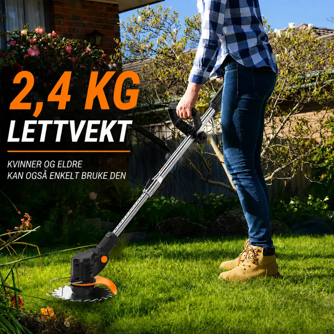 Dexalt R2 elektrisk 21V gresstrimmer med batteri og 3 typer blader – kraftig trådløs gressklipper for hage og plen