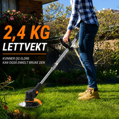 Dexalt R2 elektrisk 21V gresstrimmer med batteri og 3 typer blader – kraftig trådløs gressklipper for hage og plen