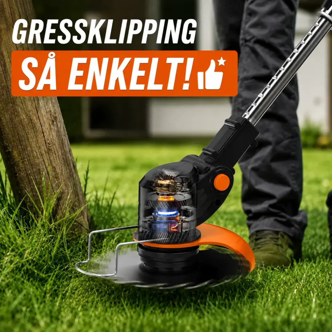 Dexalt R2 elektrisk 21V gresstrimmer med batteri og 3 typer blader – kraftig trådløs gressklipper for hage og plen