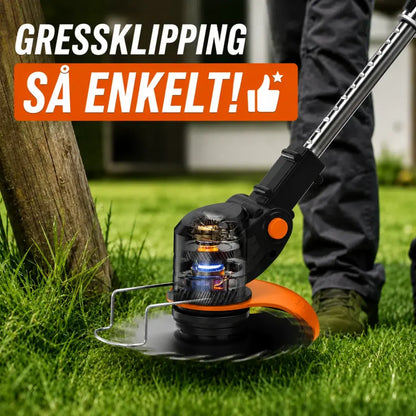 Dexalt R2 elektrisk 21V gresstrimmer med batteri og 3 typer blader – kraftig trådløs gressklipper for hage og plen