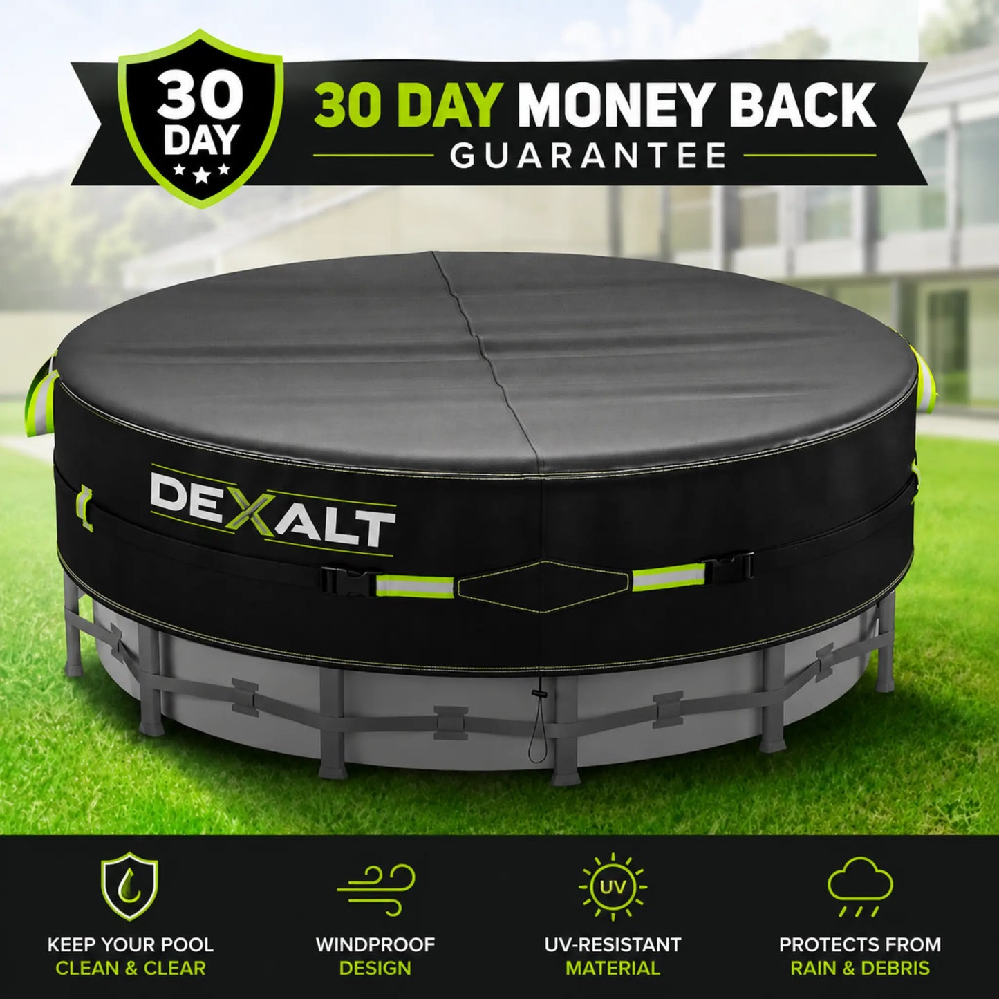 Dexalt 28/26/24/21/18/15/10/8 FT Round Pool Cover with Reflective Strips, Swimming Pool Cover for Above Ground Pools, Solar Cover Including Rope Tie and Luminous Ground Nails, PU Tarp Snug Fit for UV Protected
