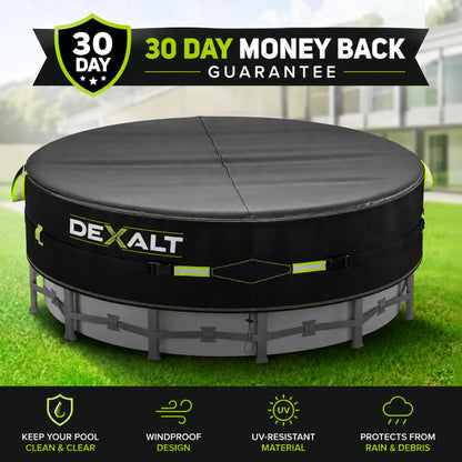 Dexalt 28/26/24/21/18/15/10/8 FT Round Pool Cover with Reflective Strips, Swimming Pool Cover for Above Ground Pools, Solar Cover Including Rope Tie and Luminous Ground Nails, PU Tarp Snug Fit for UV Protected