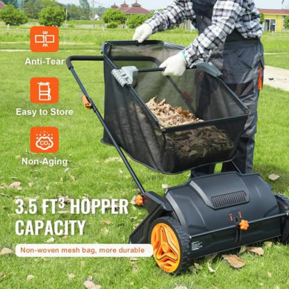 Dexalt Push Lawn Sweeper, 21-inch Leaf & Grass Collector, Strong Rubber Wheels & Heavy Duty Thickened Steel Durable To Use With Large Capacity 3.5 Cu. Ft. Mesh Collection Hopper Bag, 2 Spinning Brushes