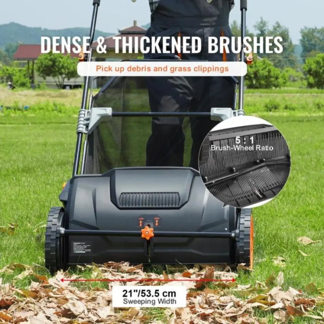 Dexalt Push Lawn Sweeper, 21-inch Leaf & Grass Collector, Strong Rubber Wheels & Heavy Duty Thickened Steel Durable To Use With Large Capacity 3.5 Cu. Ft. Mesh Collection Hopper Bag, 2 Spinning Brushes