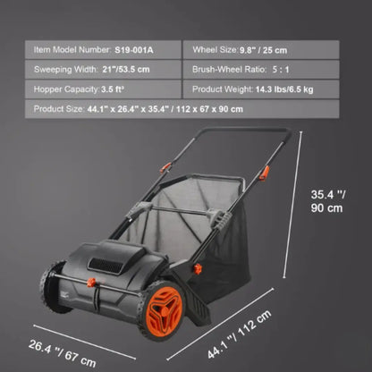 Dexalt Push Lawn Sweeper, 21-inch Leaf & Grass Collector, Strong Rubber Wheels & Heavy Duty Thickened Steel Durable To Use With Large Capacity 3.5 Cu. Ft. Mesh Collection Hopper Bag, 2 Spinning Brushes